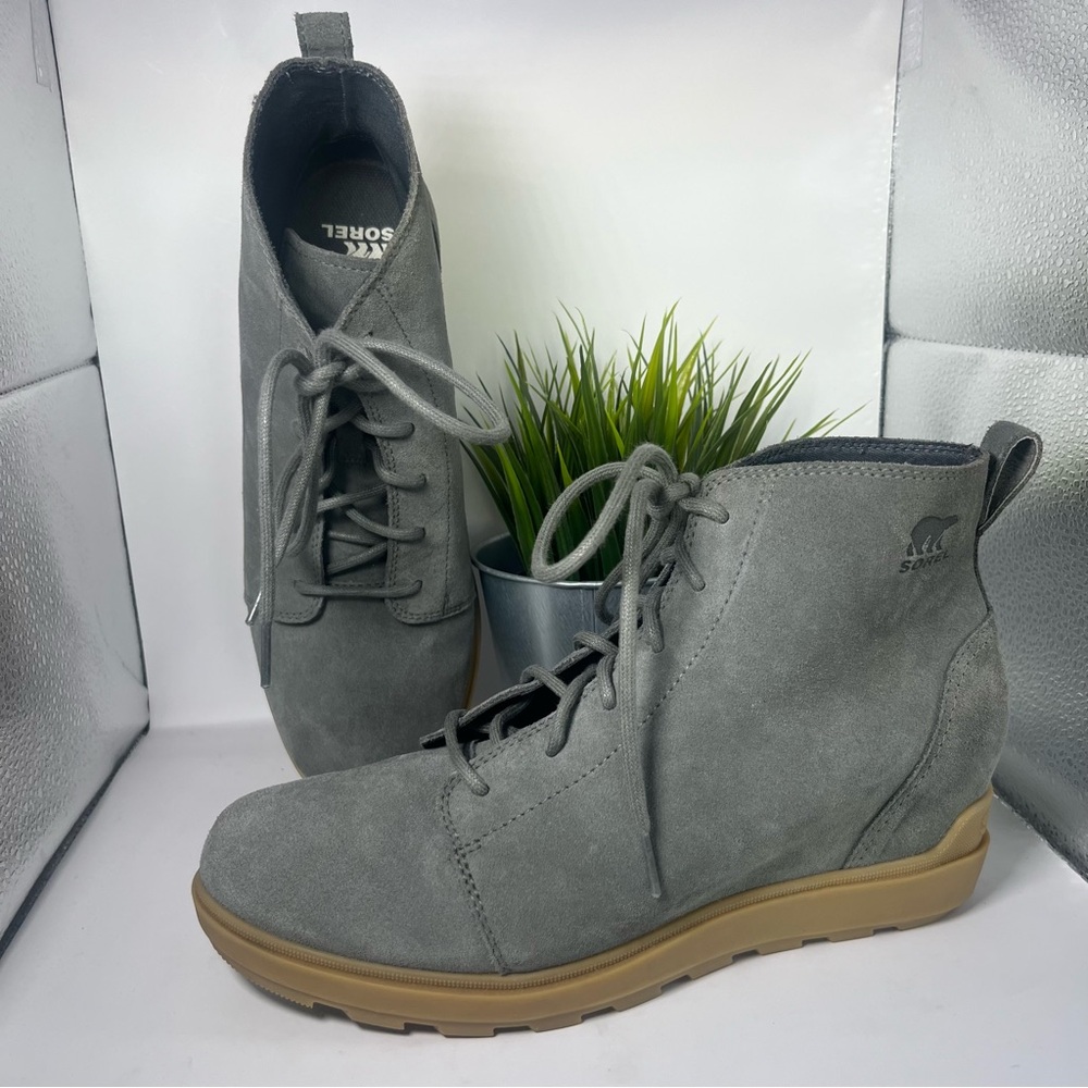Sorel Evie II Waterproof Lace Up Hidden Wedge‎ Bootie Gray (Quarry) Winter 10.5